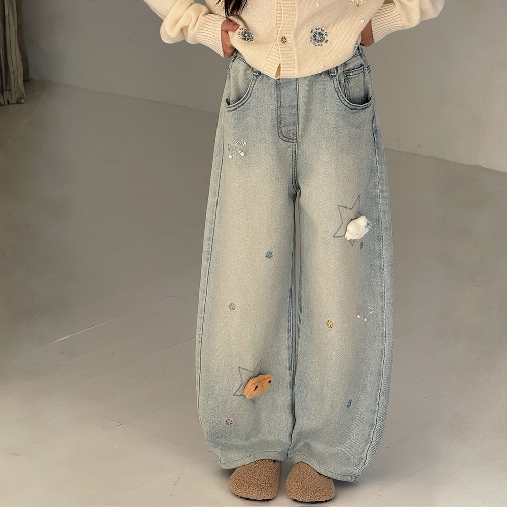 女童刺绣玩偶加绒牛仔裤25冬装新款韩版时尚弯刀裤中大童宽松长裤,童装/婴儿装/亲子装,儿童牛仔裤,淘宝优惠券,粉丝福利购,淘宝优惠卷