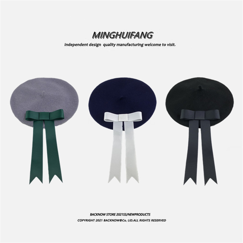 日本校供感手作jkdk制服帽情侣羊毛尼学院风蝴蝶结飘带贝雷帽子