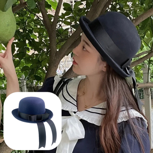 加大檐帽子日本校供感手作JKDK制服帽毛呢学院风蝴蝶结飘带幼稚园