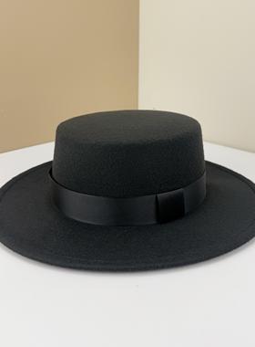 秋冬礼帽英伦黑色平顶帽韩版赫本绅士爵士帽平檐毛呢宽檐男女帽子