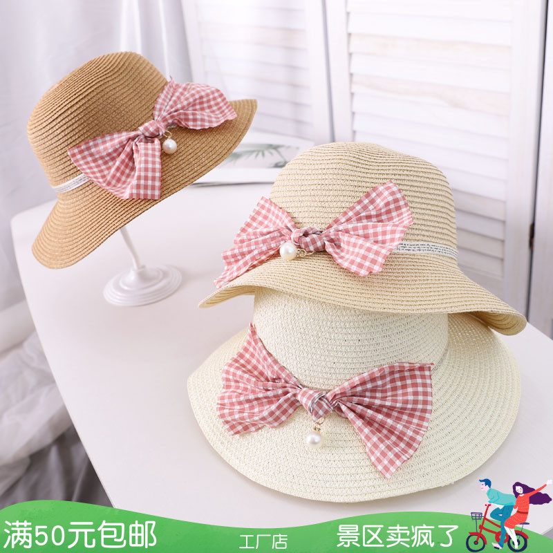 亲子新款遮阳帽粉色格子蝴蝶结草帽度假沙滩帽盆帽旅游遮阳帽儿童
