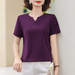 修身 爆款 女装 体恤 漂亮减龄上衣半袖 t恤女2025新款 v领正肩短袖 夏季
