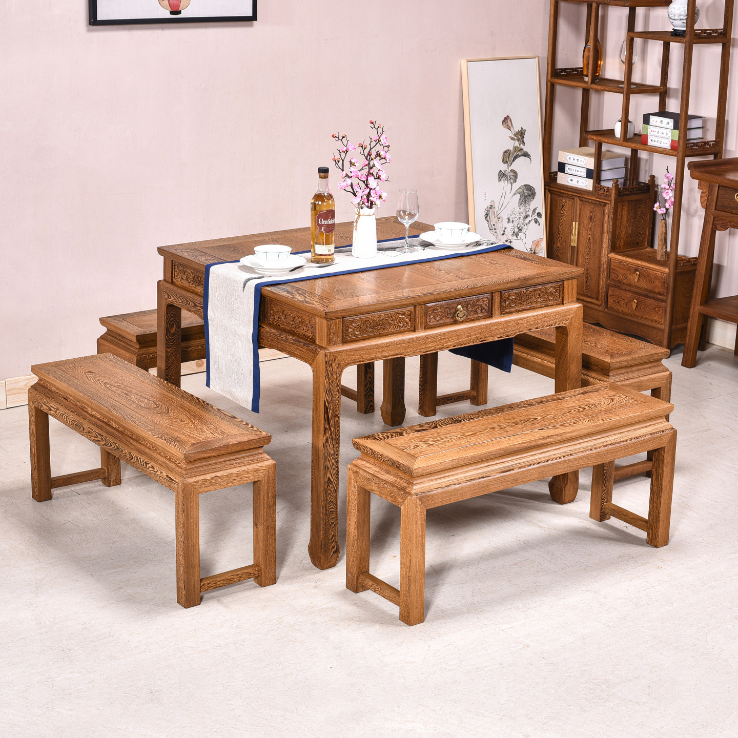 鸡翅木餐桌正方形中式实木餐桌椅组合红木四方桌棋牌桌复古八仙桌