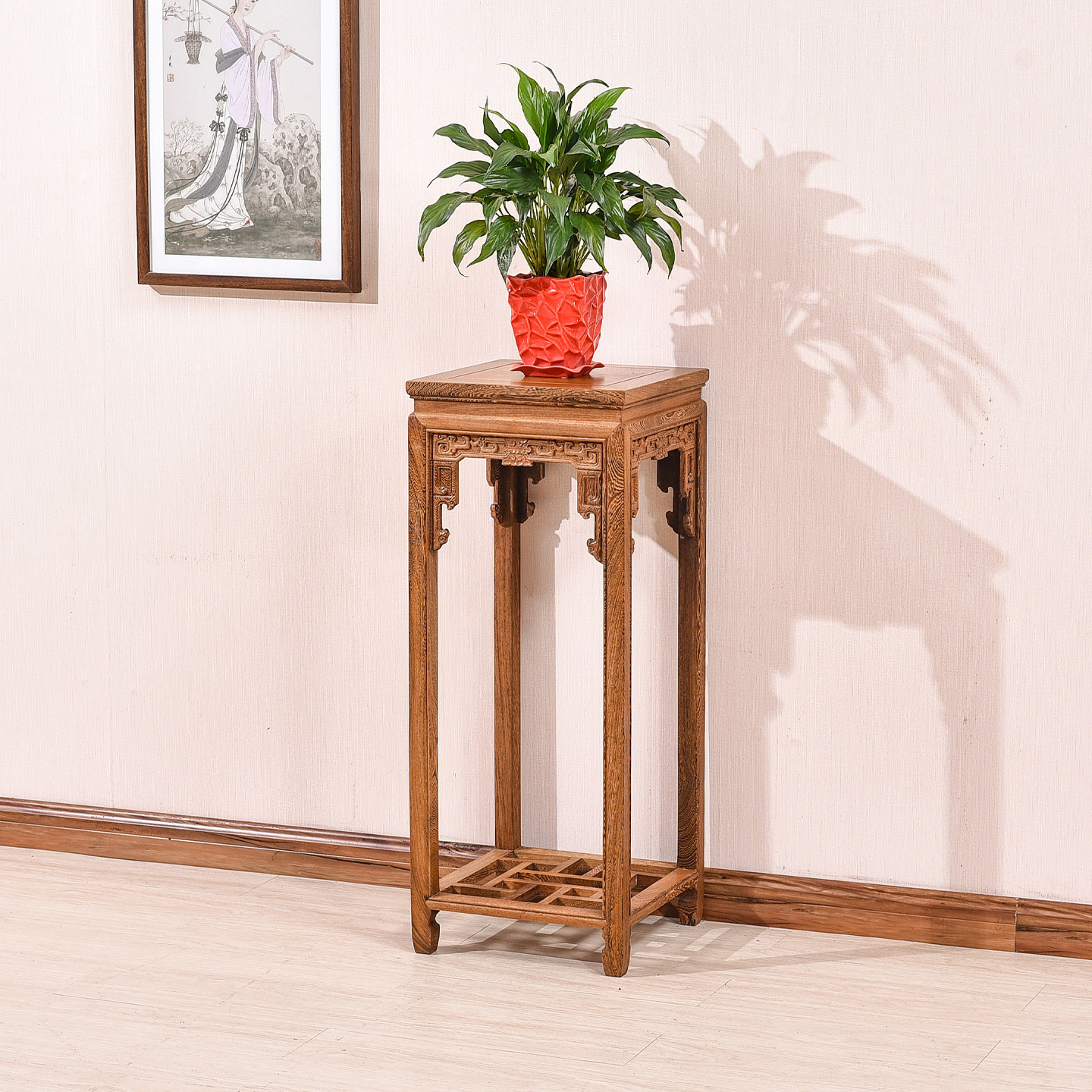 红木家具鸡翅木花架中式实木花几原木双层盆景架木质仿古花台客厅