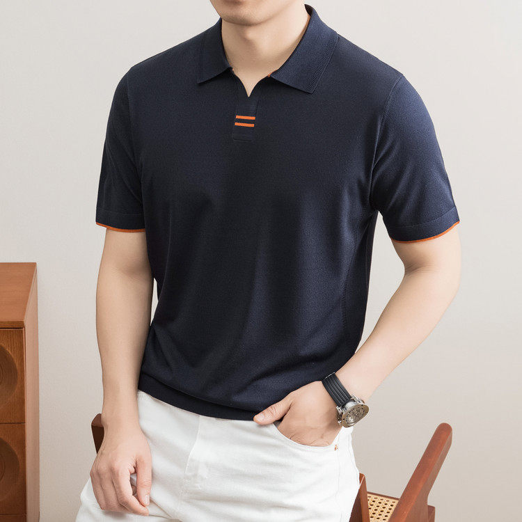 夏季男士冰丝V领商务短袖Polo衫