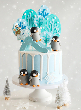 烘焙蛋糕装饰圣诞冰雪蓝色树木毛毡插牌南极呆萌小企鹅软陶插件