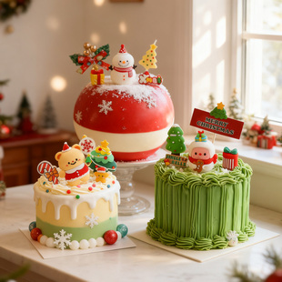 圣诞节蛋糕装饰卡通圣诞雪人小熊玩偶摆件软胶圣诞树红金果子插牌