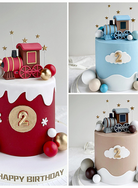 卡通火车头蛋糕装饰摆件红色蓝色灰色小火车软胶玩偶儿童生日插牌