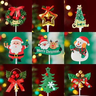 饰圣诞树花环草圈插件老人麋鹿礼物软胶插牌合集 圣诞节蛋糕装 包邮
