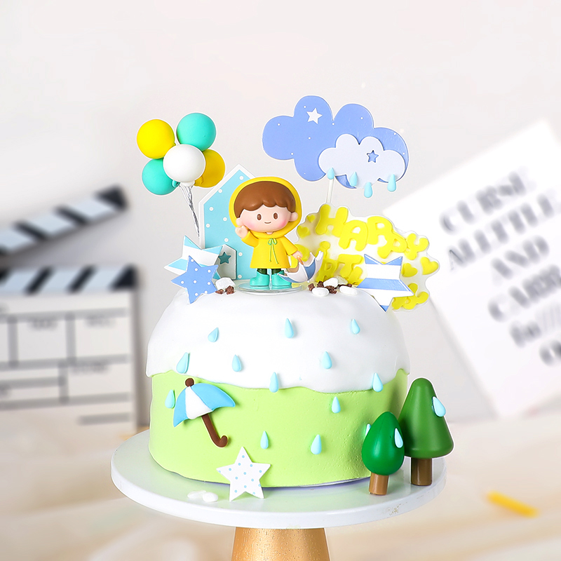 烘焙蛋糕装饰雨衣雨伞小朋友玩偶摆件可爱下雨天宝宝生日插牌插件