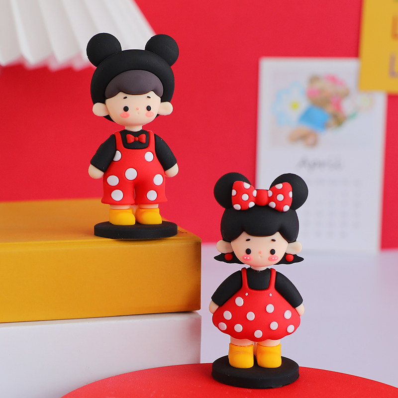 卡通老鼠宝宝情侣软胶玩偶红黑波点男孩女孩潮玩车载摆件家居装饰