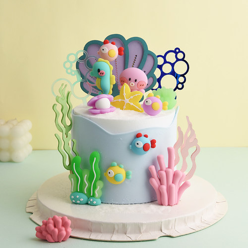 蓝色海洋蛋糕装饰海马海星插牌