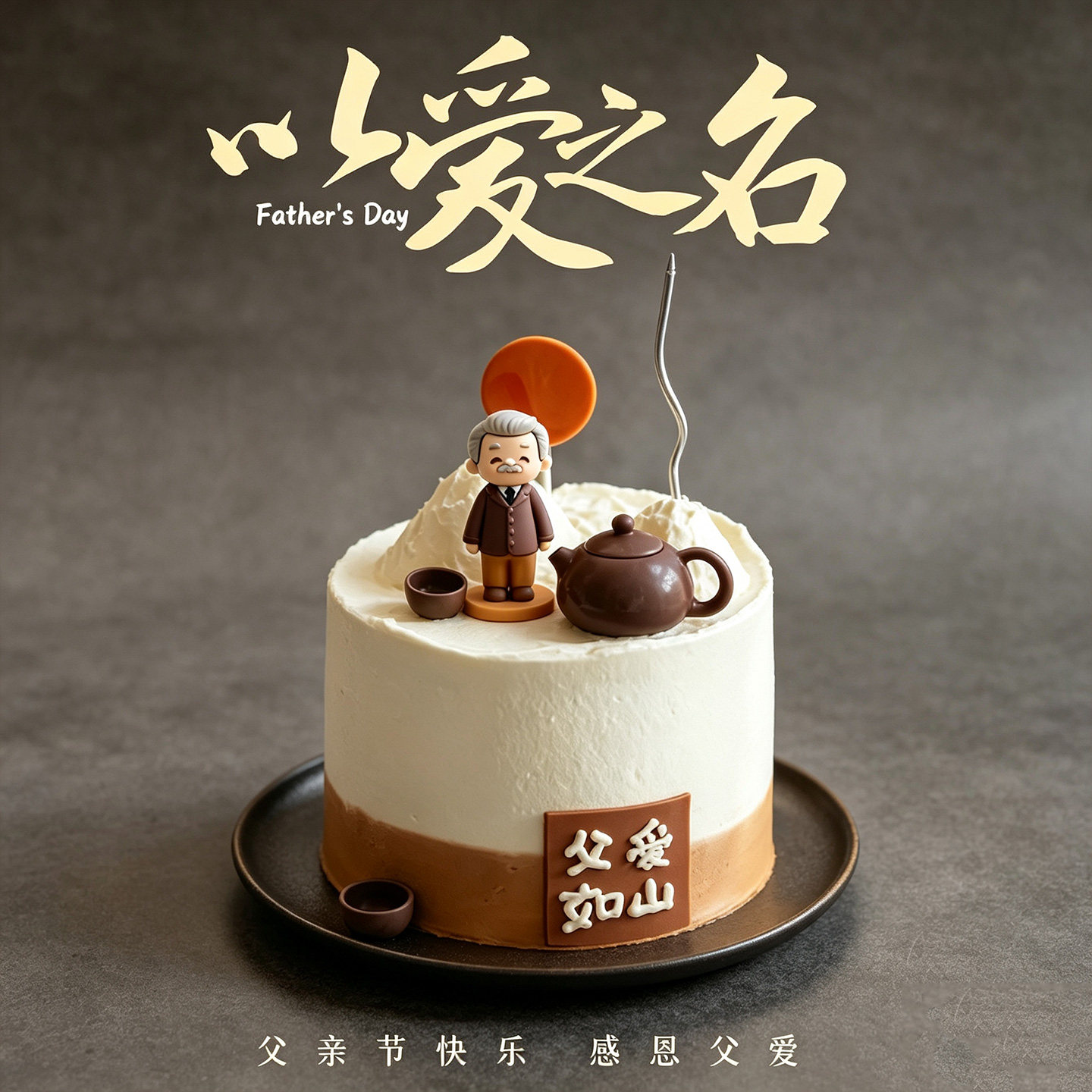 父亲节蛋糕装饰古风茶壶爷爷玩偶摆件中式爸爸生日父爱如山插牌