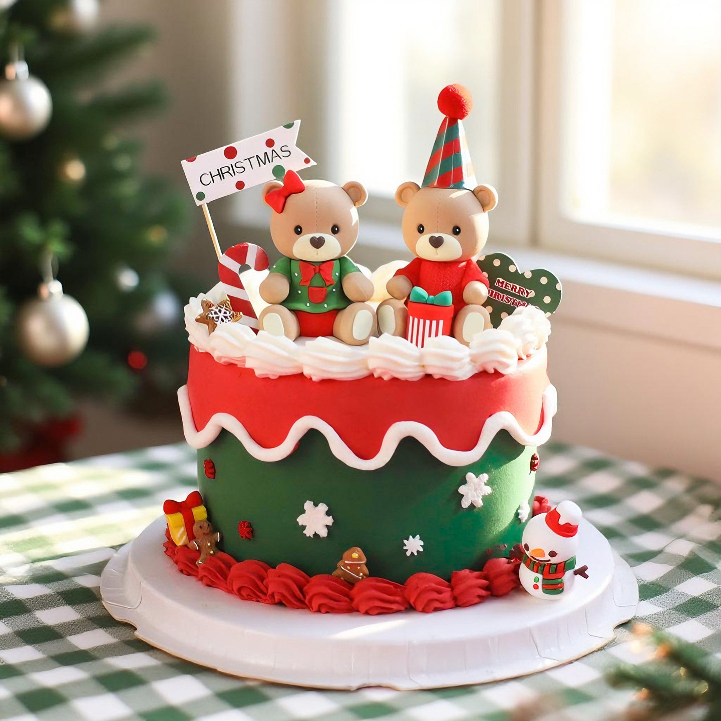 卡通红绿小熊圣诞节蛋糕玩偶摆件