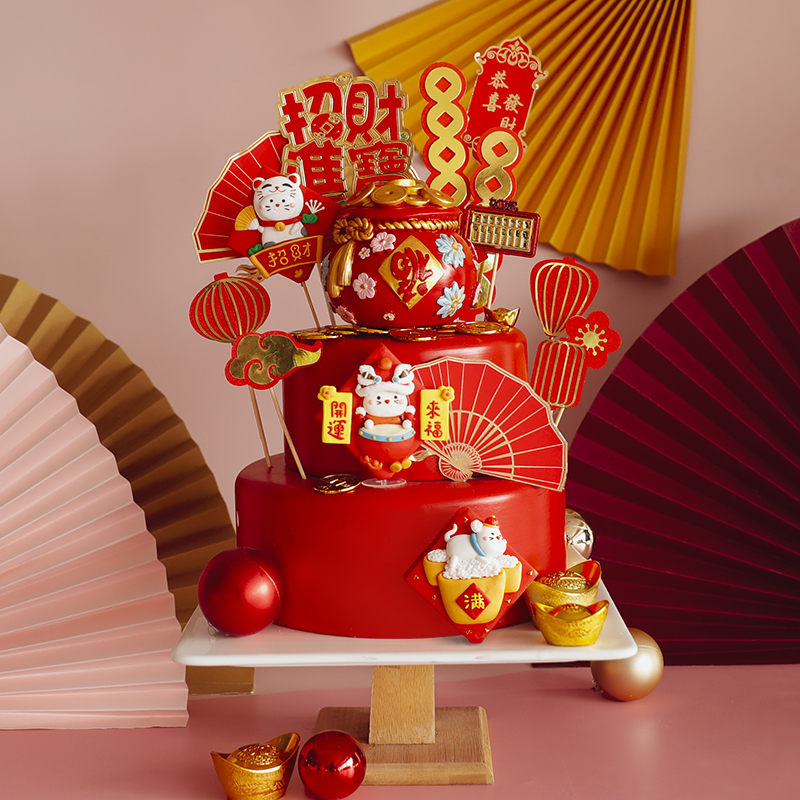 新年烘焙蛋糕装饰聚宝盆钱币袋福袋摆件招财开运发财软陶插件插牌