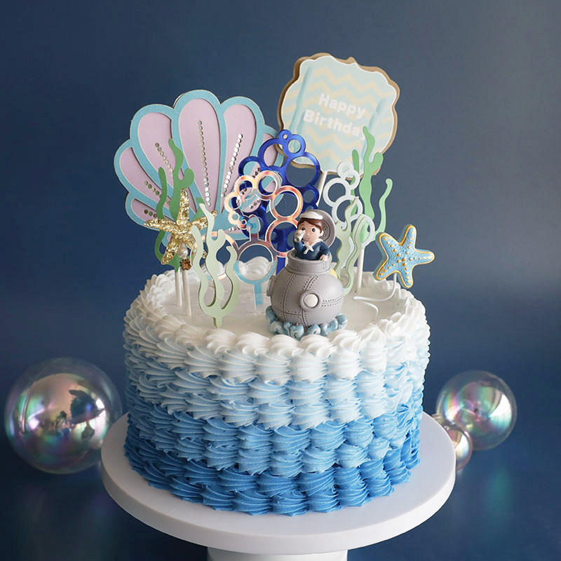 烘焙蛋糕装饰大鱼潜水艇玩偶摆件小小海员海底水草泡泡插牌插件
