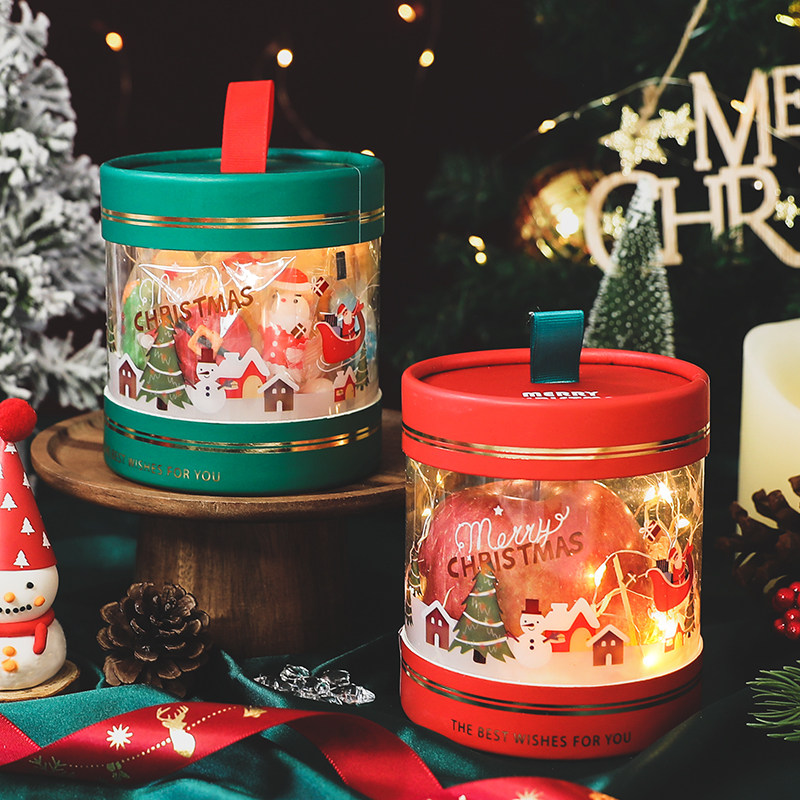 网红圣诞节红绿抱抱桶PVC卡通彩印苹果盒平安夜礼物零食饼干糖盒