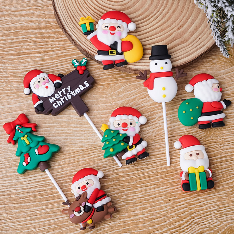 包邮圣诞节蛋糕装饰软胶玩偶摆件老人雪人礼物盒松树字母草圈插牌