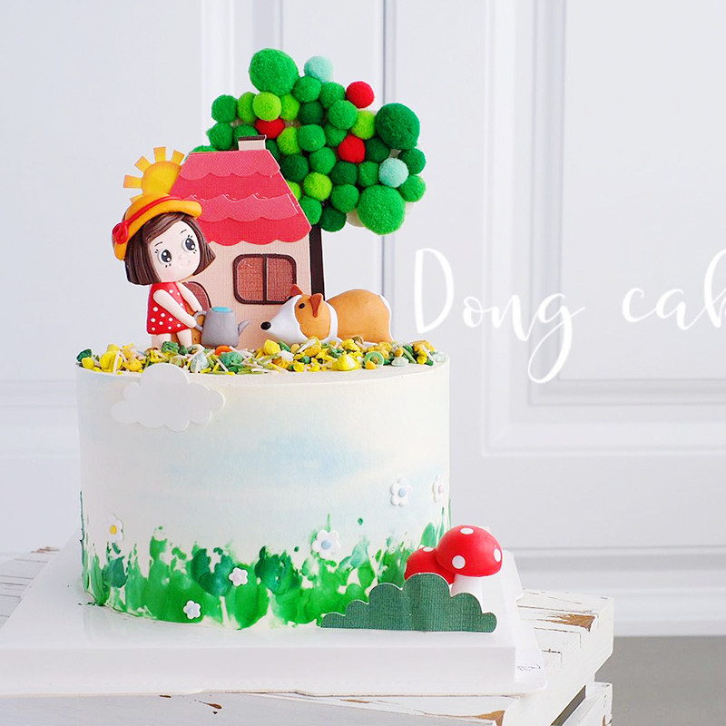 东哥同款蛋糕装饰浇花小女孩软陶插件房子花朵篱笆窗台小栅栏插牌