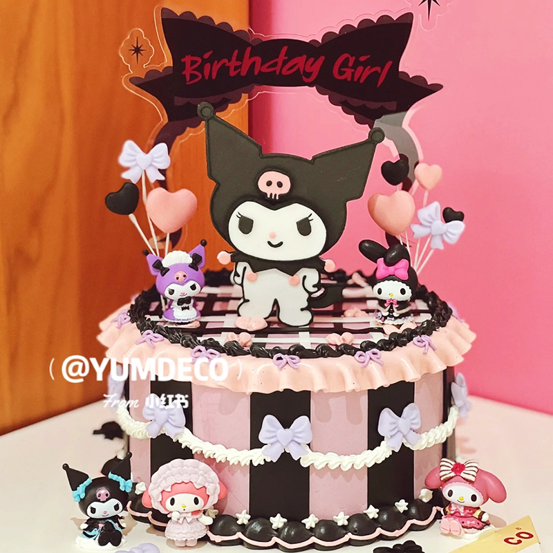 卡通蛋糕装饰黑粉猫咪生日插牌