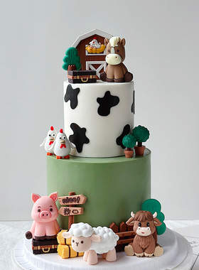 开心农场蛋糕装饰牦牛绵羊小马小猪玩偶摆件田园木屋马棚软胶插牌