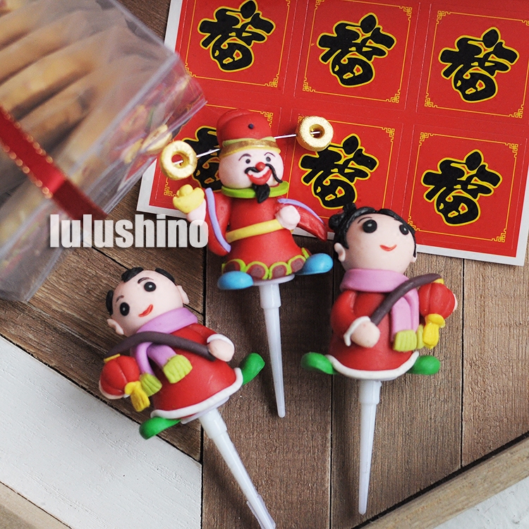 烘焙蛋糕装饰 粘土财神爷金童玉女装饰插件 3d立体卡通玩偶摆件