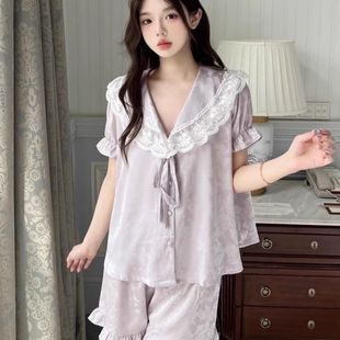 胖mm特大码 甜美蕾丝睡衣女夏季 宽松2 300斤公主风轻奢家居服套装