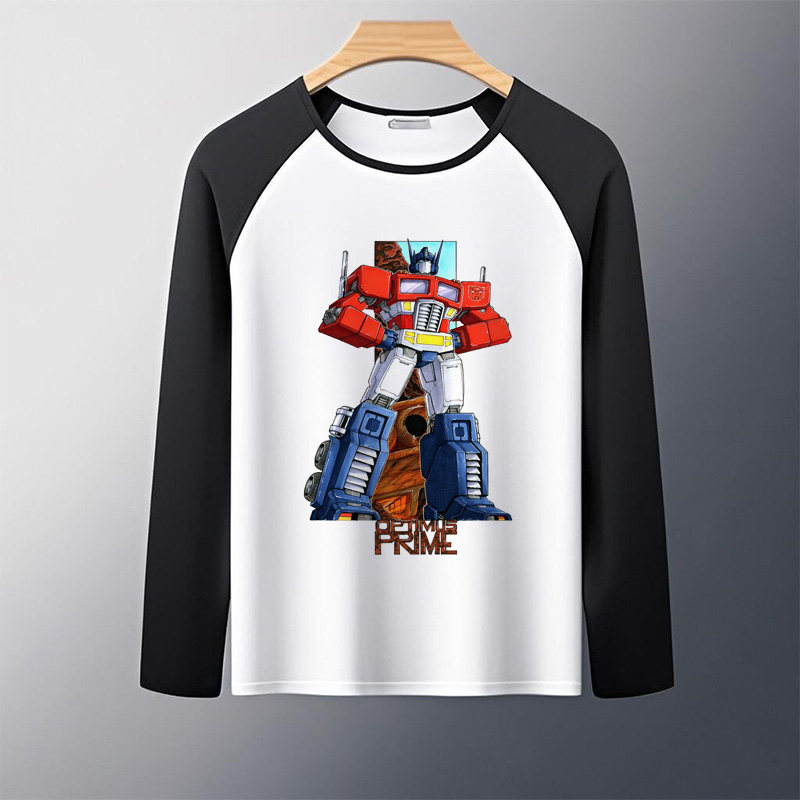 新款春季变形金刚黑袖T恤长袖机器人图案男装动漫休闲上衣薄款潮