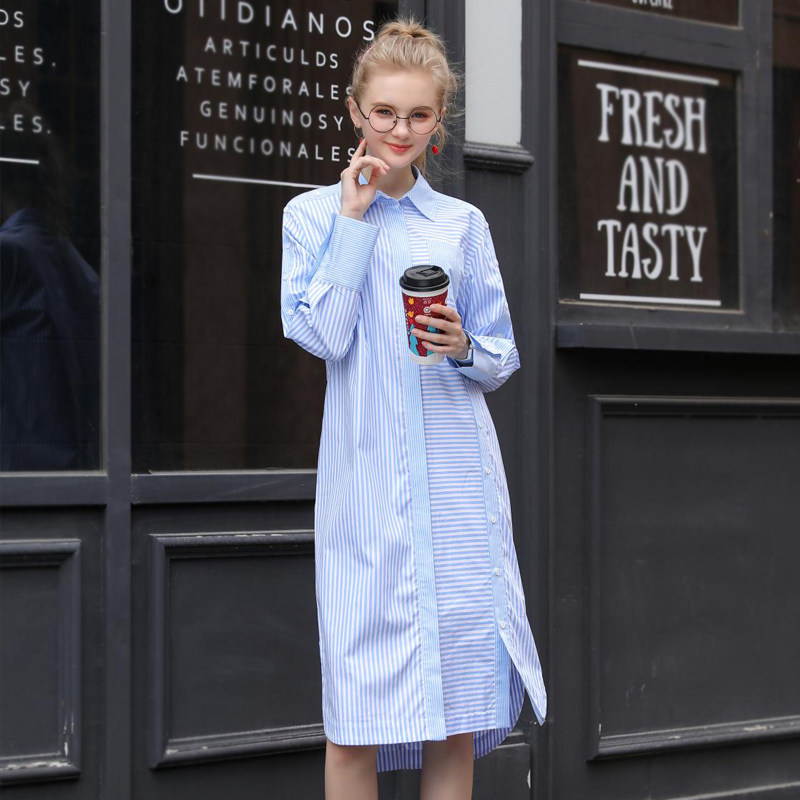 2020秋装女中长款衬衫长袖宽松衬衣裙设计感小众蓝白条纹慵懒BF风