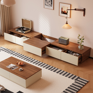 实木生态板电视机柜茶几组合客厅家用落地胡桃色小户型储物柜一体