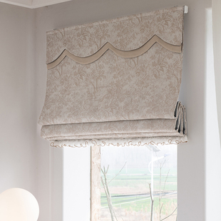 法式复古花布雪尼尔罗马帘折叠帘遮光窗帘提花小窗户升降帘奶茶色