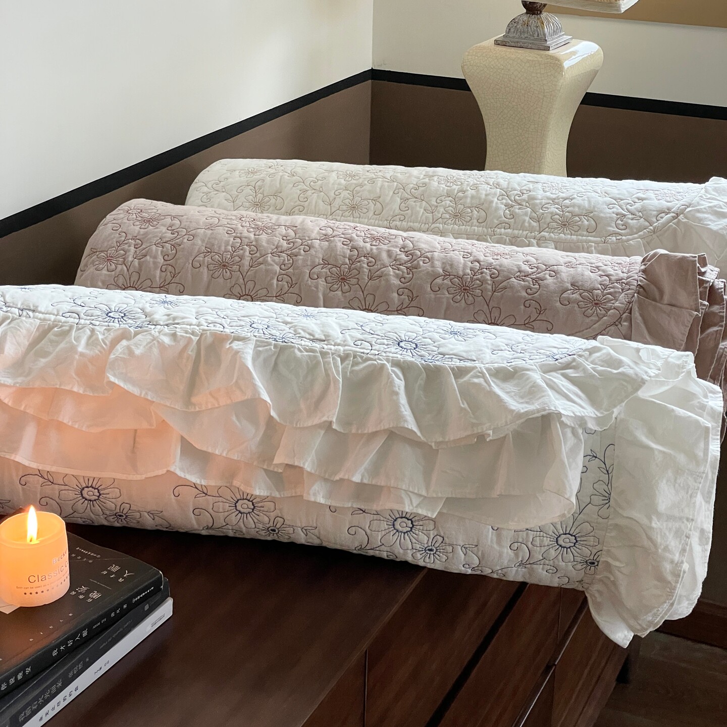 复古风浪漫全棉刺绣床盖三件套超柔纯棉荷叶花边夹棉床盖四季通用