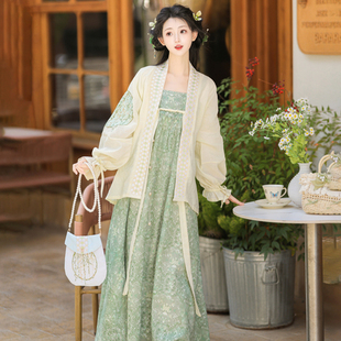 采莲归【梅子青】原创汉服吊带裙套装改良汉服元素泡泡袖日常春夏