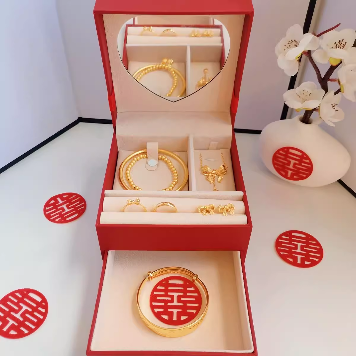 订婚黄金珠宝首饰盒提亲彩礼聘礼嫁妆三金四金套装结婚礼物饰品盒