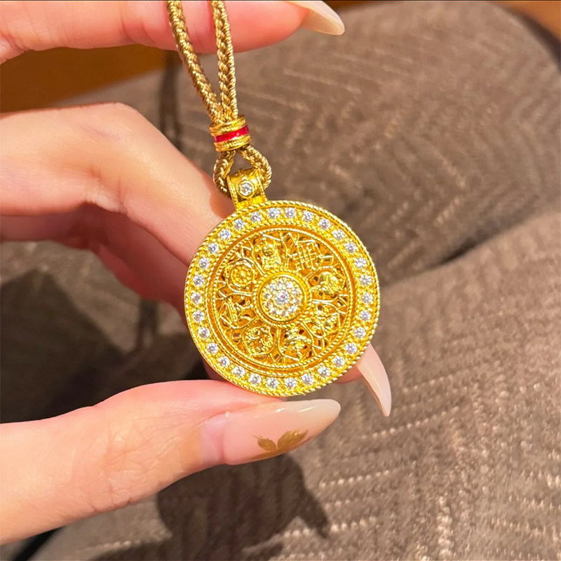 新中式祥八宝罗盘如意吊坠项链镀黄金色可旋转吊坠毛衣链古法首饰