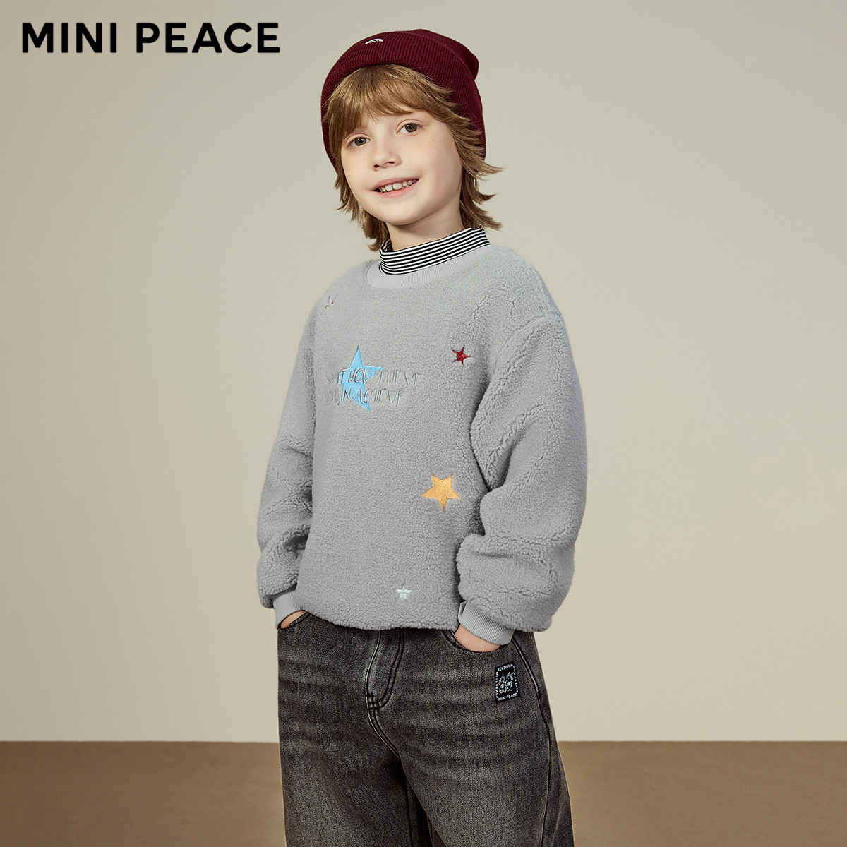 MINIPEACE太平鸟童装男童仿羊羔毛卫衣秋冬儿童半高领套头上衣