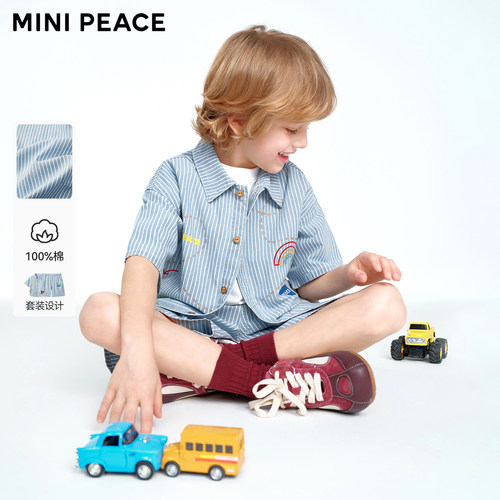 MINIPEACE太平鸟童装男童条纹衬衫短裤套装全棉牛仔儿童两件套