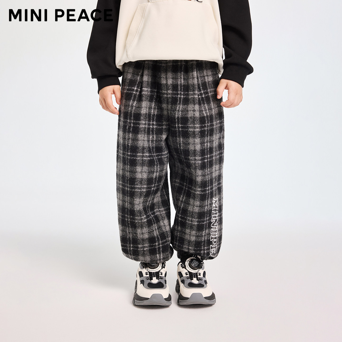 【专柜同款】MINIPEACE太平鸟童装男童羊毛呢裤黑白格纹裤子冬季