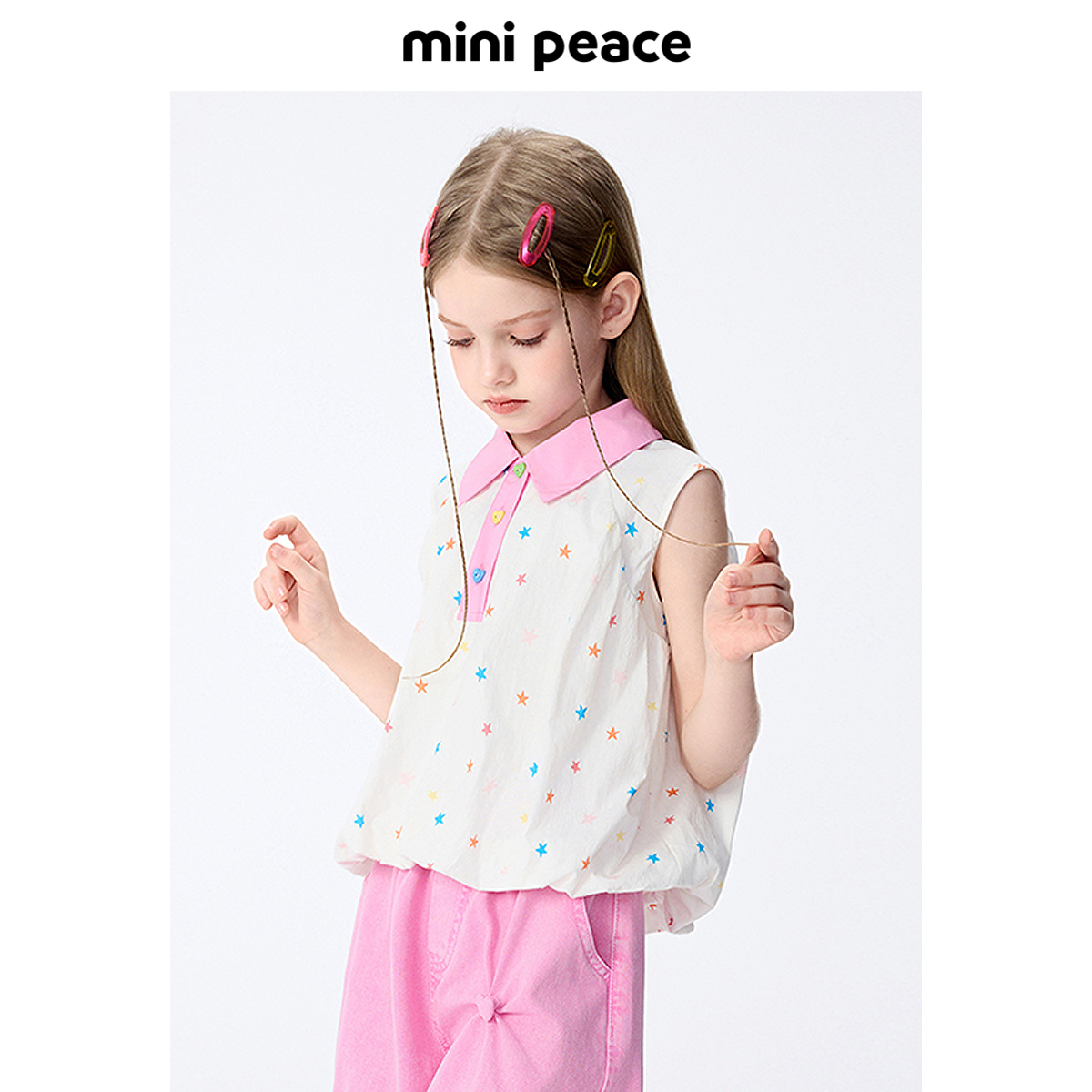 MINIPEACE太平鸟童装女童薄上衣翻领短袖T恤肌理无袖吊带背心夏装