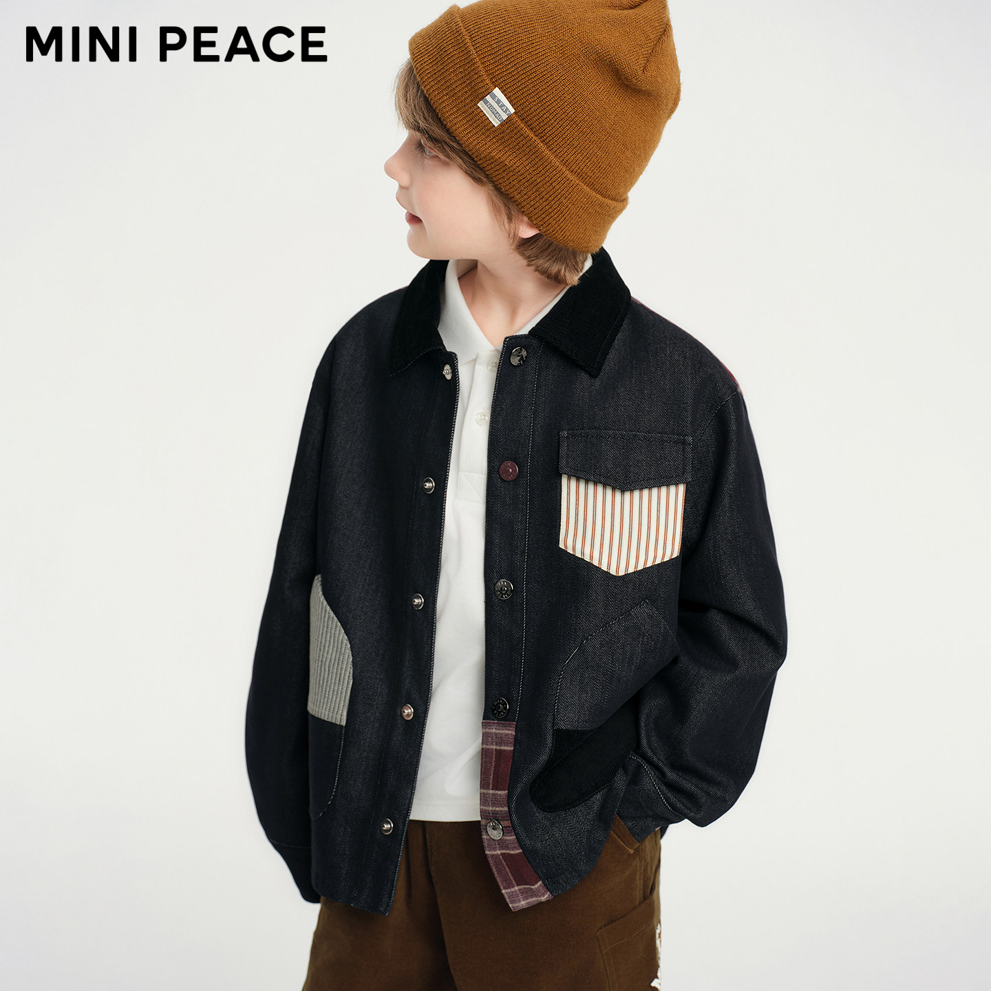 MINIPEACE太平鸟童装男童牛仔夹克儿童春秋装外套格纹巴恩风潮酷