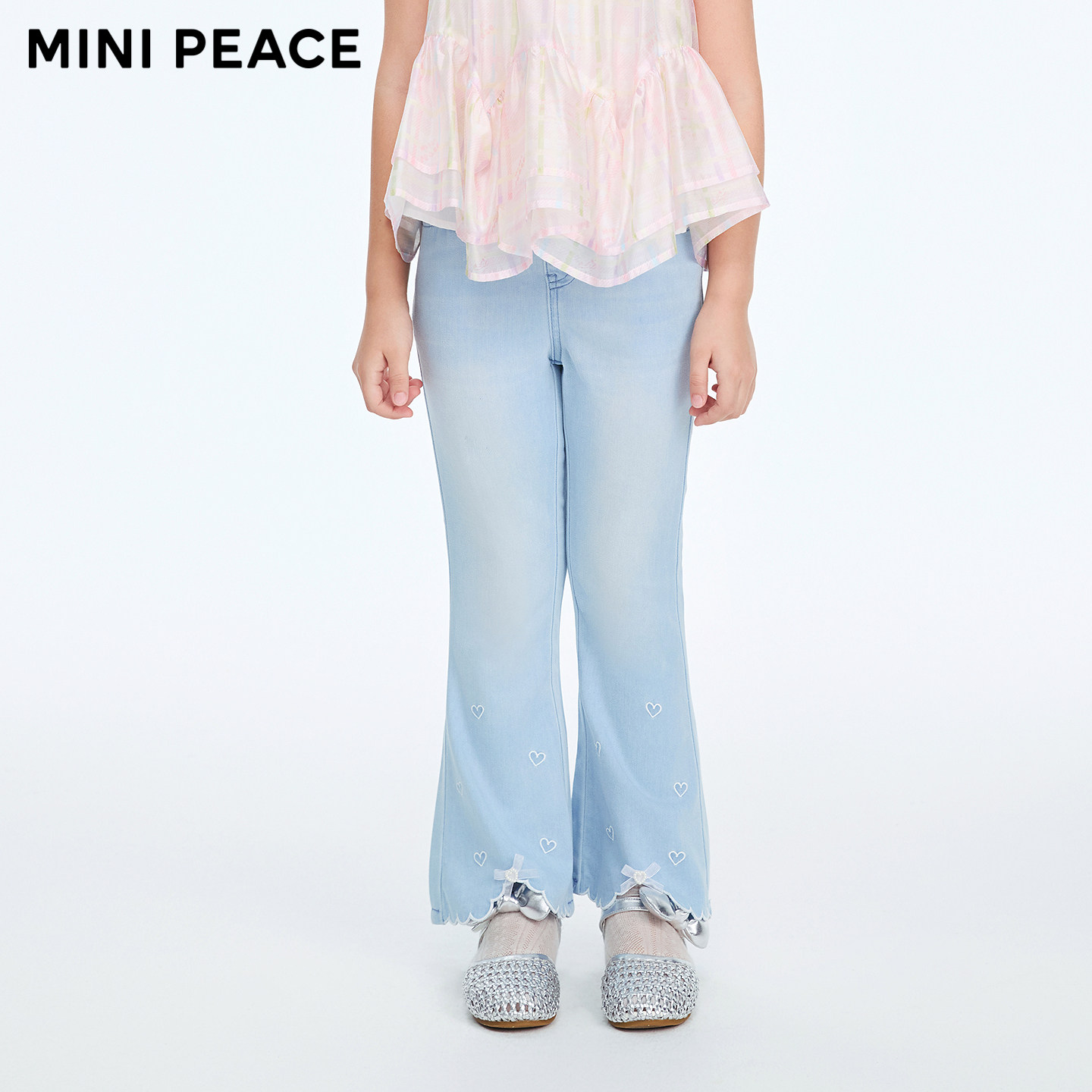 【专柜同款】MINIPEACE太平鸟童装女童牛仔裤夏季薄款爱心喇叭裤