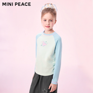 [5A抑菌]MINIPEACE太平鸟童装女童短款长袖T恤条纹插肩袖儿童秋装