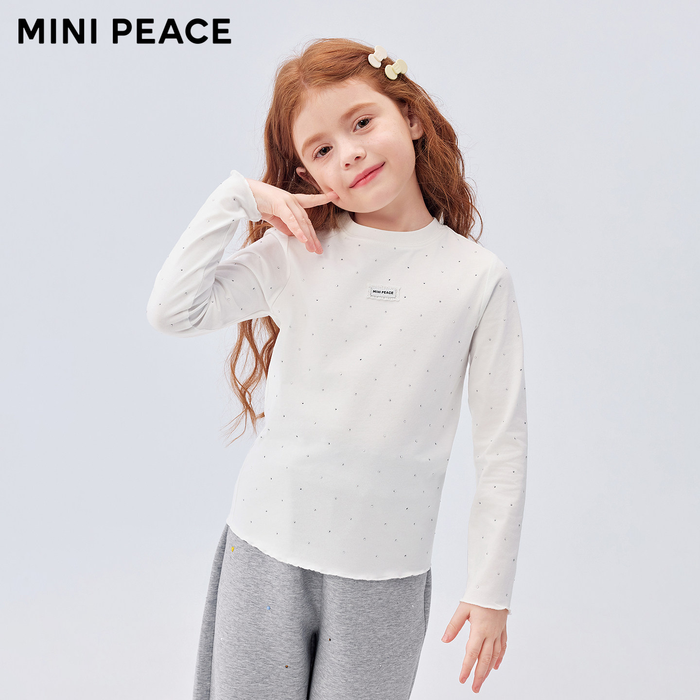 【专柜同款】MINIPEACE太平鸟童装女童长袖T恤烫钻打底衫内搭春秋图片