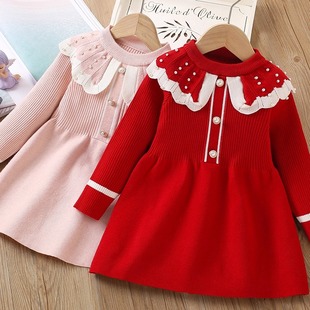 女童秋冬连衣裙韩版针织毛衣裙保暖裙子珍珠蝴蝶结高档裙2025新款