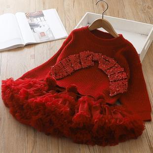 旦裙2025新款 女童毛衣裙秋冬套装 裙大蝴蝶结tutu两件套毛球圣诞元