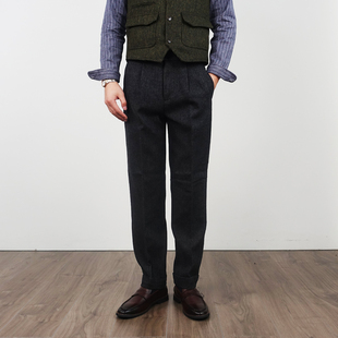 CAILENOW 秋冬粗花呢鱼骨纹重磅羊毛直筒西裤修身复古休闲长裤男