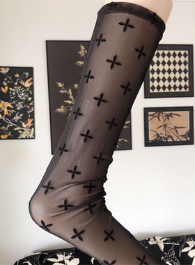 女士黑色网纱植绒中筒袜SMF*十字架薄透小腿袜