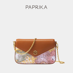 paprika新款地图包女单肩斜挎包小众牛皮信封包印花包