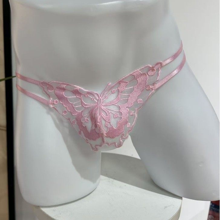 法式奢华男士丁字裤性感透明一根带子蝴蝶刺绣蕾丝透视伪娘内裤男