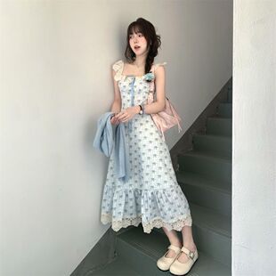 两件套装 春夏新款 蕾丝花边甜美收腰显瘦碎花连衣裙 蓝色针织开衫